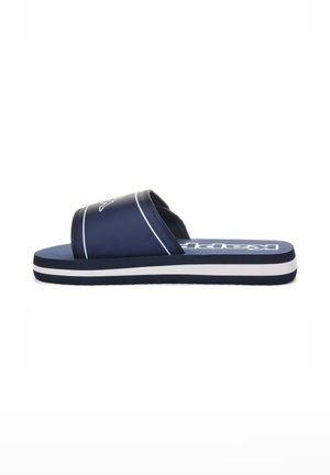 Infradito navy con una larga fascia, linee di accento bianche e suola testurizzata. Progettati per un uso informale; materiale leggero e flessibile.