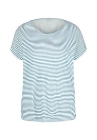 Pruhované tričko v světlé modré a bílé barvě s krátkým rukávem, kulatým výstřihem a volným střihem. Materiál vypadá měkký a prodyšný.
