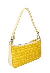 Gul vævet håndtaske med en glat hvid læderbund og rem. Har lynlåslukning og accentsting i gul.
