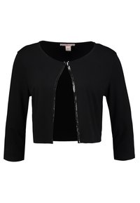 Musta lyhyt takki, jossa on pyöreä kaulus, pitkät hihat ja edessä vetoketjusuljenta, jossa on kiiltävä yksityiskohta vetoketjun varrella. Pehmeä kangas.