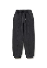 Schwarze tapered Jogginghosen mit elastischem Bund, Kordelzug und Bündchen an den Knöcheln; mit dezenten Seitennähten und weichem Stofftextil.
