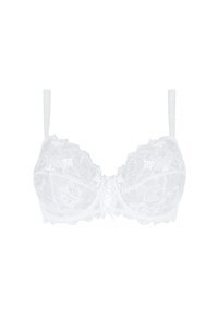 Reggiseno bianco in pizzo con motivi floreali, supporto con ferretto, spalline regolabili e un accento centrale in pizzo. Tessuto morbido e trasparente con bordi smerlati.