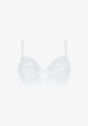 Soutien-gorge en dentelle blanche avec des motifs floraux, soutien-gorge à armatures, bretelles réglables et accent en dentelle au centre. Texture douce et transparente avec des bords festonnés.
