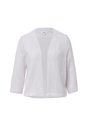 White ribbed cardigan with a v-neck, open front, and three-quarter sleeves. Soft texture, lightweight, suitable for layering.