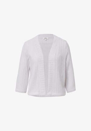 Witte geribde cardigan met een V-hals, open voorkant en driekwartmouwen. Zachte textuur, lichtgewicht, geschikt voor layering.