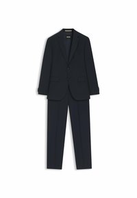 Completo blu navy composto da un blazer a un petto con revers a punta, tasche laterali e pantaloni frontali piatti coordinati. Realizzato in tessuto strutturato.