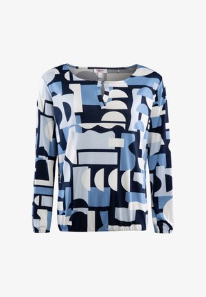 Long-sleeve shirt with round neckline and keyhole button, featuring a blue, white, and black geometric abstract pattern.