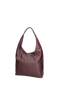 Borsa hobo in pelle bordeaux con una texture morbida, tracolla curvata e cuciture decorative sul davanti. Design con apertura superiore.