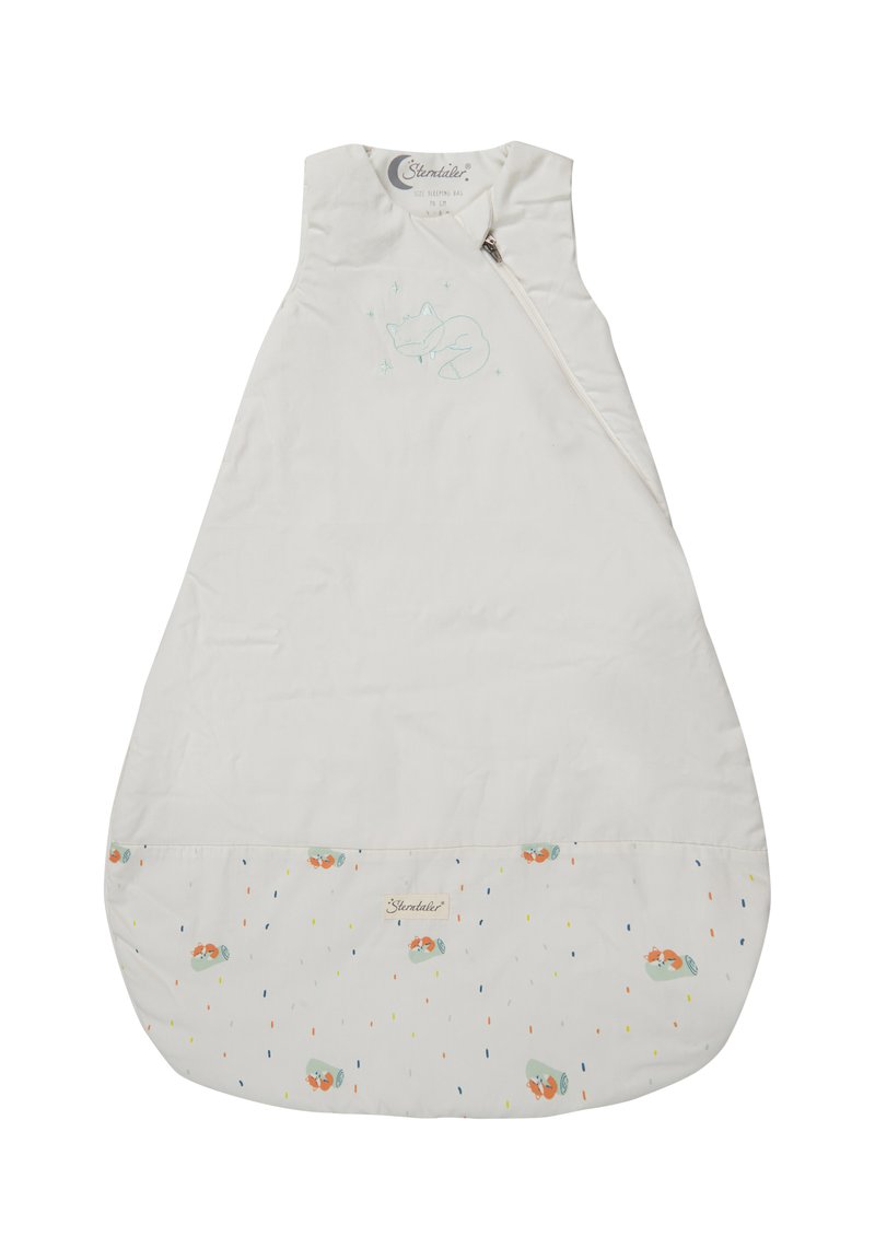 Schlafsack aus weichem cremefarbenem Stoff mit einem Reißverschluss. Er hat eine leichte blaue Fuchs-Stickerei und einen gemusterten Boden mit bunten Punkten und Tieren.