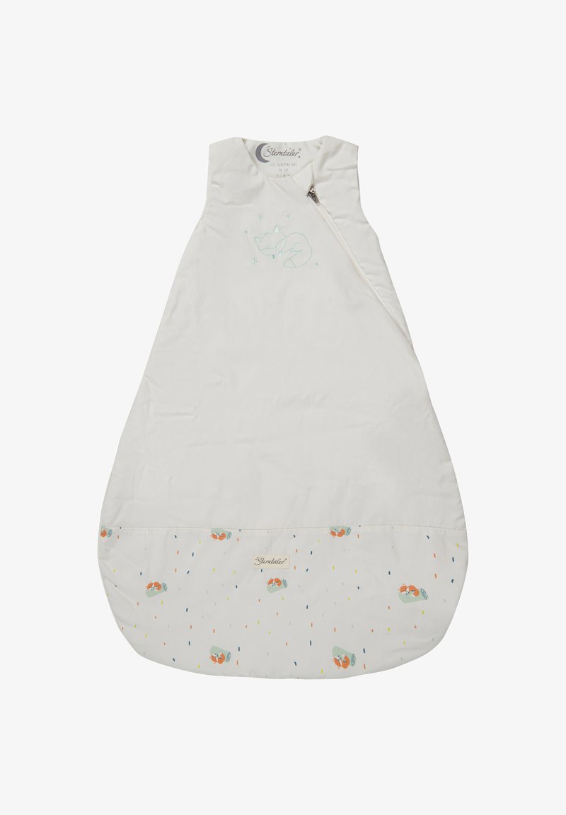 Schlafsack aus weichem cremefarbenem Stoff mit einem Reißverschluss. Er hat eine leichte blaue Fuchs-Stickerei und einen gemusterten Boden mit bunten Punkten und Tieren.