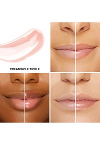 Glamour à lèvres étiqueté « Creamsicle Tickle ». Quatre teintes de lèvres présentées : un marron profond avec un éclat, un nude clair avec brillance, un rose atténué, et un léger scintillement.