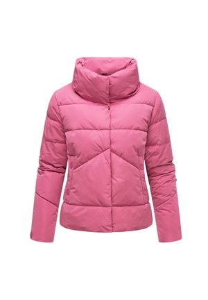 Lyserød puffet jakke med høj krave, der har et quiltet design og knapdetaljer i siden. Glat, skinnende materiale.