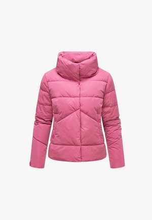 Rózsaszín puffertakaró magas gallérral, steppelt mintázattal és gombos díszítéssel az oldalon. Sima, fényes anyag.