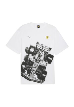 White cotton T-shirt featuring a black and gray graphic of a Formula 1 car. Includes Puma logo and Ferrari emblem on chest.