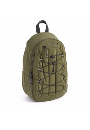 Olive green backpack made of padded nylon, featuring a front zipper pocket, bungee cord detail, and a single top handle.