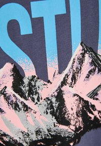Grafisk t-shirt med mørkeblå baggrund og bjergmotiv i pink og grå, fremhævet med fed blå tekst. Tekstureret stoffinish.