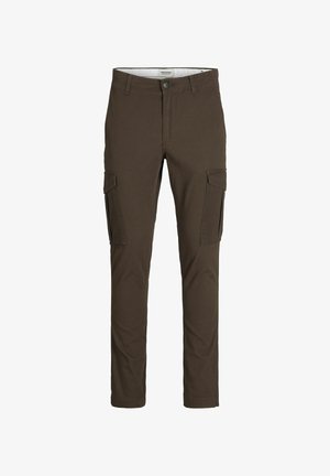 Pantalones cargo de color marrón oscuro con dos bolsillos laterales, pasadores para el cinturón y detalles de cremallera en los laterales. Fabricados con una tela duradera, de diseño ajustado.