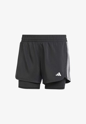 Čierne atletické šortky s vnútornou vrstvou, elastickým pásom a bielymi tromi prúžkami na stranách, s malým bielym logom. Hladká textúra.