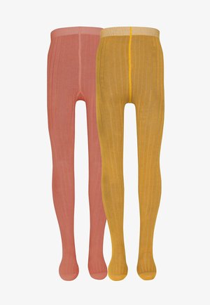 Due coppie di collant a coste: una in rosa morbido e l'altra in giallo senape. Entrambe presentano una vita aderente e una finitura texture.