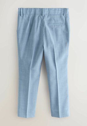 Light blue tailored trousers made of a smooth fabric, featuring a front crease and a single rear pocket, with belt loops at the waistband.