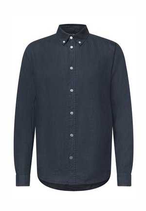 Tmavě modrá košile s dlouhým rukávem, zapínáním na knoflíky, límcem zapínaným na knoflíky, celým řádem předních knoflíků a mírně zakřiveným spodním lemem.