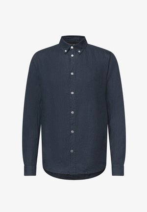 Camicia a maniche lunghe blu scuro con colletto abbottonato, bottoni frontali completi e orlo leggermente arrotondato.