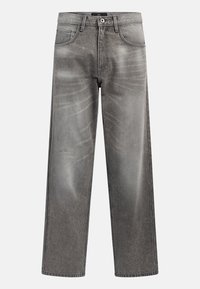 Gray denim wide-leg jeans with a faded finish, classic five-pocket design, and a metal button closure. Textured fabric with subtle wear details.