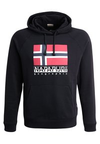 Černá mikina s kapucí s motivem vlajky Norska, klokáním kapsou a ribovými manžetami a lemem. Vyrobena z měkké bavlněné látky.
