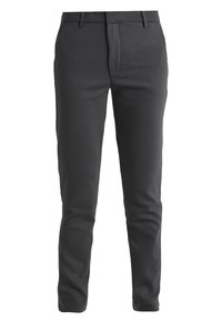 Grijze, op maat gemaakte broek van gladde stof, voorzien van een ritssluiting, zakken en een slim-fit ontwerp. Geen zichtbare patronen of accenten.