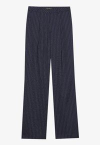 Pantalone širokog kroja s mornarskim prugama i visokim strukom, s prednjim plitkim naborima i glatkom teksturom. Prugice su bijele i ravnomjerno raspoređene.