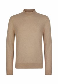 Beżowy sweter z długim rękawem, dziany, z wysokim kołnierzem oraz ściągaczami przy mankietach i na dole, prezentowany na białym tle.
