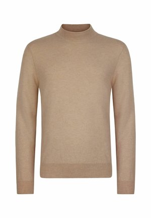 Beige långärmad stickad tröja med hög krage och ribbade muddarna och fållen, uppvisad mot en vit bakgrund.