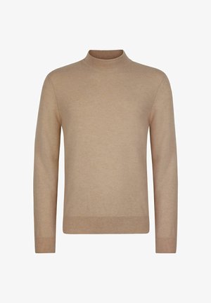 Beige långärmad stickad tröja med hög krage och ribbade muddarna och fållen, uppvisad mot en vit bakgrund.