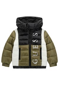 Giacca imbottita con cappuccio, design a pannelli bicolore con pannelli neri, verde oliva e bianchi, e logo "GUESS" argentato sul fronte.