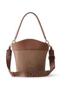 Sac fourre-tout marron avec une texture, doté d'un haut en cuir lisse, présentant une bandoulière détachable et un logo de marque subtil à l'avant.