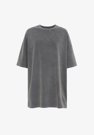 Übergroßes T-Shirt in Anthrazitgrau aus weichem Baumwollstoff. Hat einen Rundhalsausschnitt und kurze Ärmel. Beinhaltet ein kleines Markenetikett auf der Vorderseite.