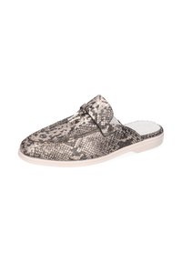 But wsuwany wzór ze skóry wężowej w odcieniach szarości i beżu, z ozdobną metalową klamrą i lekką, elastyczną białą podeszwą.