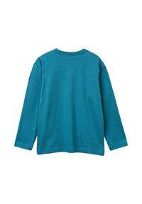 Maglietta a maniche lunghe color teal in morbido cotone, con scollatura a girocollo e vestibilità rilassata. Il retro è liscio e privo di decorazioni.