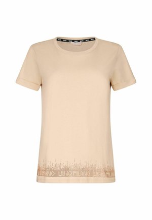 Short-sleeve beige t-shirt in soft fabric, featuring a rounded neckline and a textured gradient print with “LIU JO MILANO” at the hem.