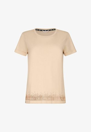 Béžové tričko s krátkym rukávom z jemného materiálu, s okrúhlym výstrihom a textúrovaným gradientovým potlačou s nápisom "LIU JO MILANO" na spodnom leme.