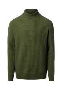Olijfgroen coltrui met een getextureerd patroon, lange mouwen en geribde boorden. Gemaakt van een warme, gebreide stof.