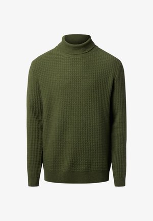 Olive green golf z dzianiny z teksturowanym wzorem, długimi rękawami i prążkowanymi mankietami. Wykonany z ciepłej dzianiny.