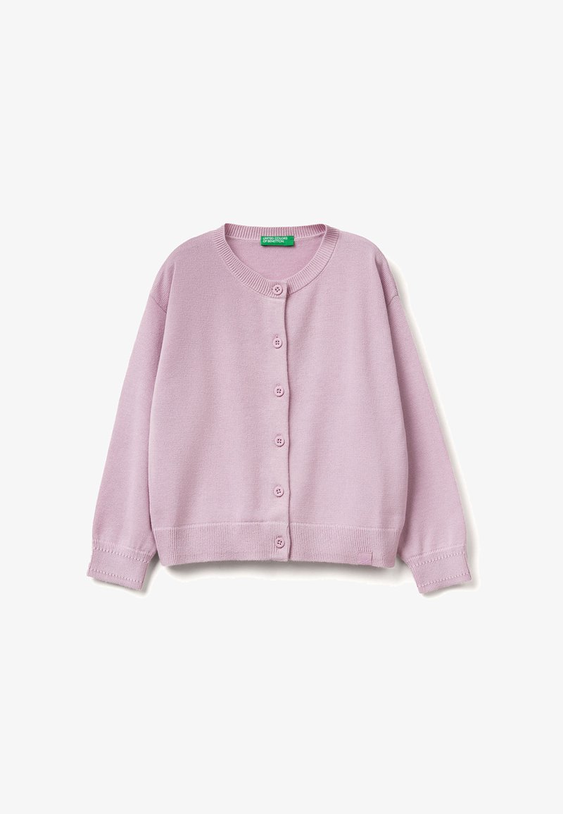 Cardigan lavorato a maglia rosa chiaro con scollatura rotonda, dotato di sei bottoni frontali e polsini e orlo a coste. Texture morbida e vestibilità rilassata.