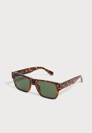 Rectangular tortoiseshell sunglasses with dark green lenses, displayed on a white background.
