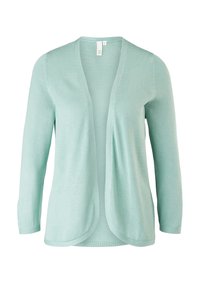 Ljusgrön cardigan i mjukt stickat tyg, med långa ärmar, öppen frontdesign och subtil textur längs kanterna.