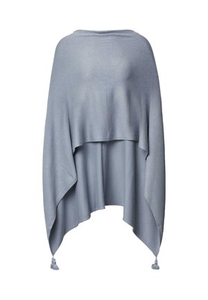 Hellblauer Poncho aus weichem Stoff, mit asymmetrischem Design, drapiertem Silhouette und dekorativen Fransen am Saum.