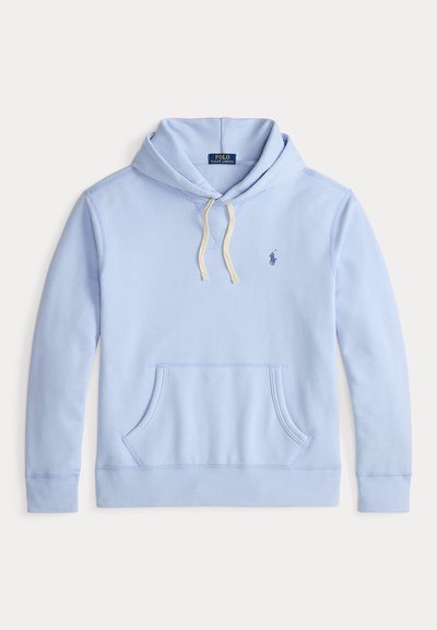 Helle blaue Kapuzenjacke mit einer Taschenfront, Kordelzug-Kapuze und einem kleinen bestickten Logo auf der Brust. Weiches Material aus Baumwollmischung.