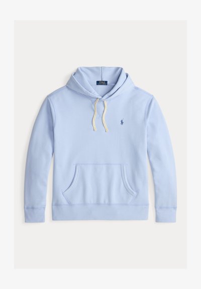 Svetle modrá mikina s kapucí, přední kapsou, šňůrkou na kapuci a malým vyšitým logem na hrudi. Měkký materiál z bavlny a polyesteru.