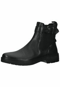 Stivaletto in pelle nera con pannelli laterali elastici, dettaglio con fibbia e suola in gomma texturizzata. Finitura liscia con punta arrotondata.