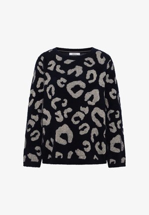 Navy Pullover aus einem strukturierten, flauschigen Stoff mit einem kontrastierenden, hellgrauen Leopardenmuster. Rundhalsausschnitt und lange Ärmel.